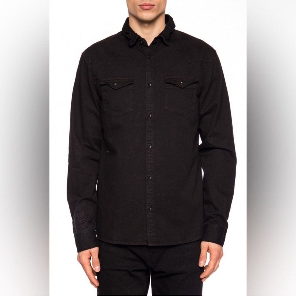 All Saints “Biso” Distressed Denim Button-Down Shirt | Jet Black